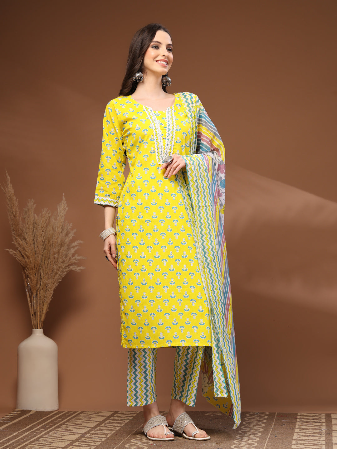 Yellow Self Design Cotton Fabric 3/4 Sleeves Round Neck Calf length Kurta Bottom Set With Dupatta