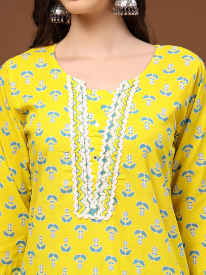 Yellow Self Design Cotton Fabric 3/4 Sleeves Round Neck Calf length Kurta Bottom Set With Dupatta