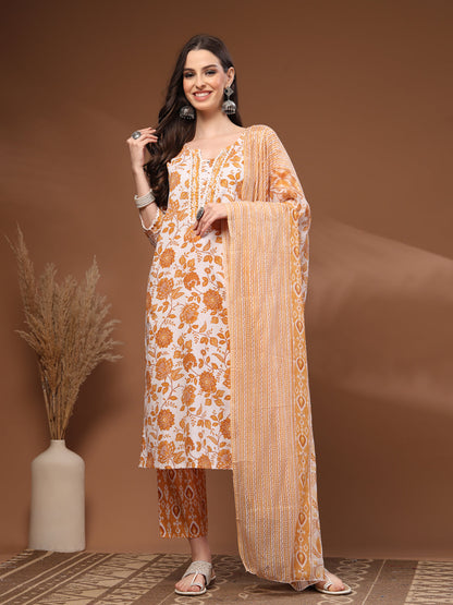 Mustard Self Design Cotton Fabric 3/4 Sleeves Round Neck Calf length Kurta Bottom Set With Dupatta