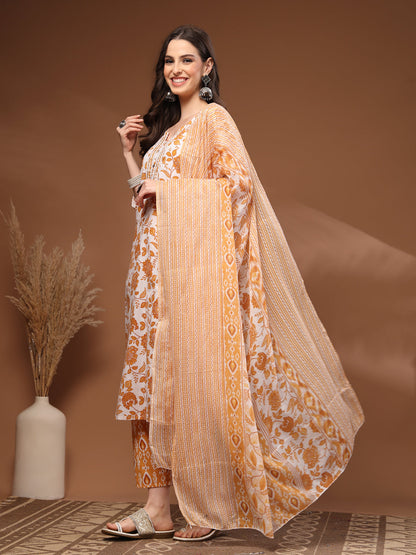 Mustard Self Design Cotton Fabric 3/4 Sleeves Round Neck Calf length Kurta Bottom Set With Dupatta