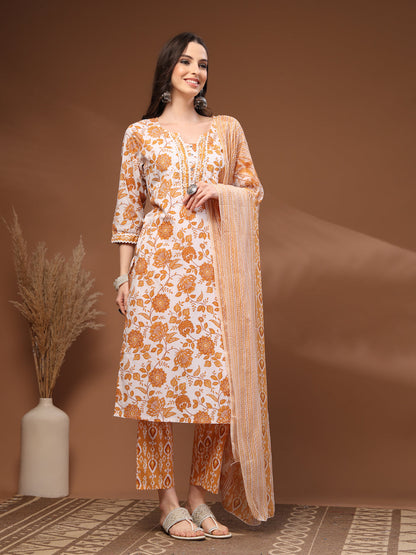 Mustard Self Design Cotton Fabric 3/4 Sleeves Round Neck Calf length Kurta Bottom Set With Dupatta