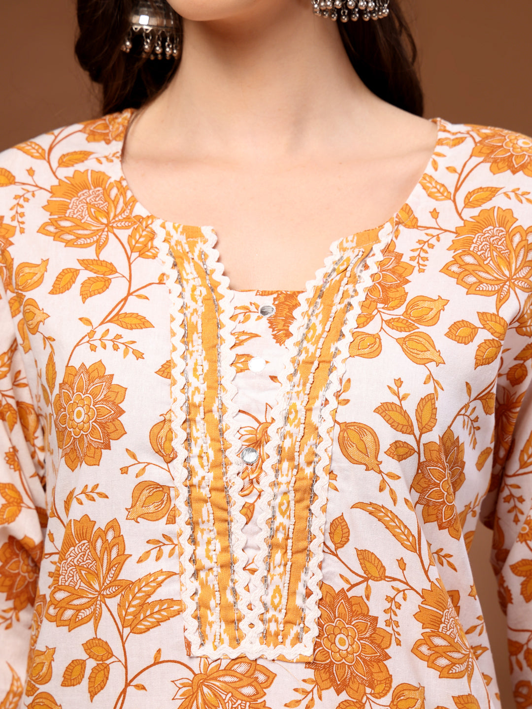 Mustard Self Design Cotton Fabric 3/4 Sleeves Round Neck Calf length Kurta Bottom Set With Dupatta