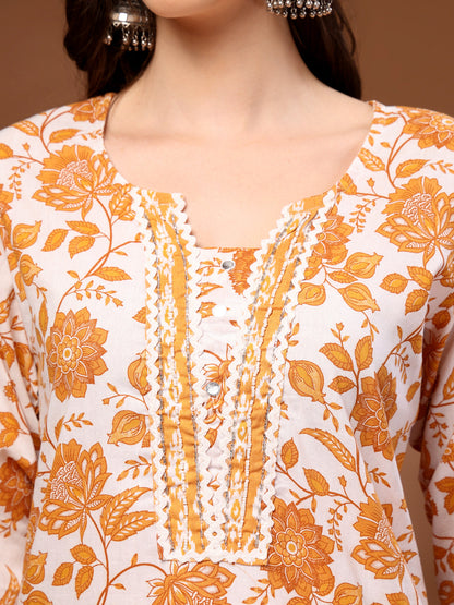 Mustard Self Design Cotton Fabric 3/4 Sleeves Round Neck Calf length Kurta Bottom Set With Dupatta