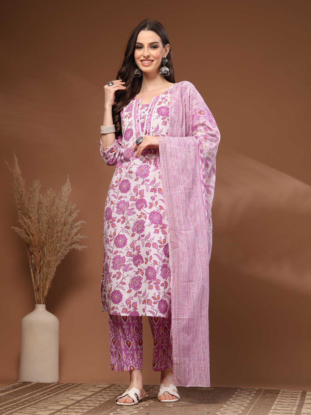 Pink Self Design Cotton Fabric 3/4 Sleeves Round Neck Calf length Kurta Bottom Set With Dupatta