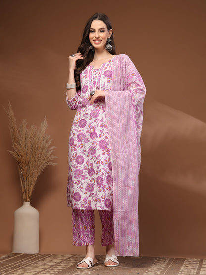 Pink Self Design Cotton Fabric 3/4 Sleeves Round Neck Calf length Kurta Bottom Set With Dupatta
