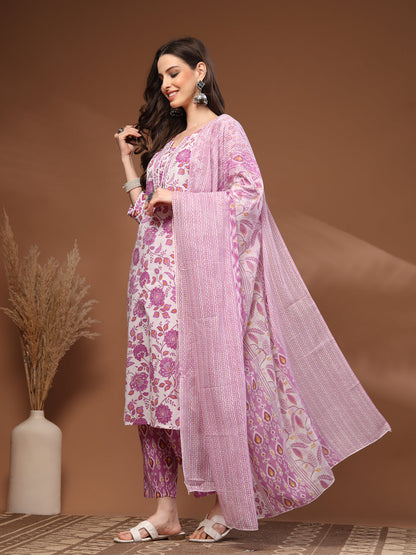 Pink Self Design Cotton Fabric 3/4 Sleeves Round Neck Calf length Kurta Bottom Set With Dupatta