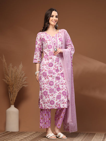 Pink Self Design Cotton Fabric 3/4 Sleeves Round Neck Calf length Kurta Bottom Set With Dupatta