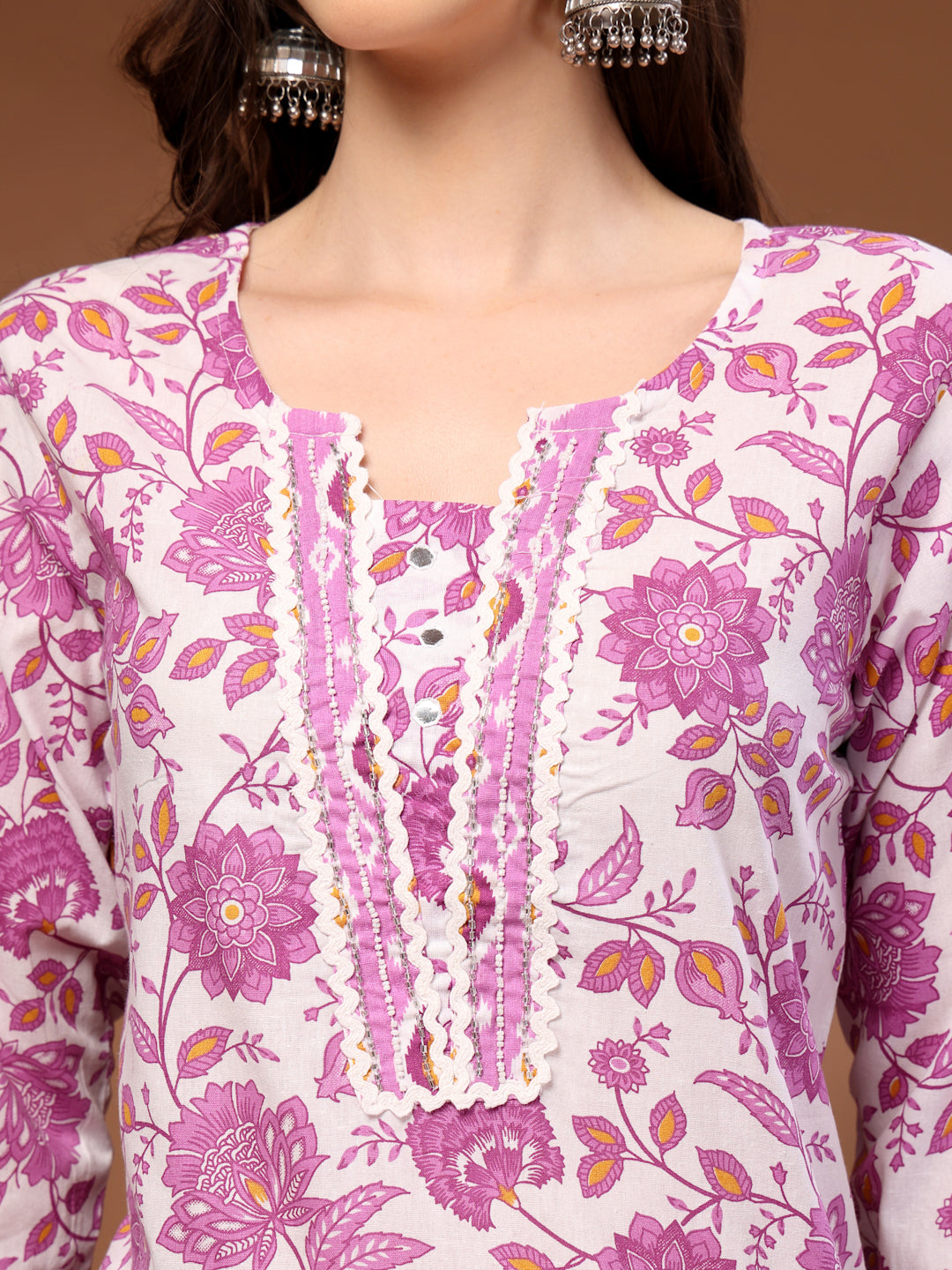 Pink Self Design Cotton Fabric 3/4 Sleeves Round Neck Calf length Kurta Bottom Set With Dupatta