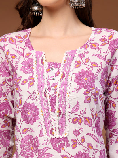 Pink Self Design Cotton Fabric 3/4 Sleeves Round Neck Calf length Kurta Bottom Set With Dupatta