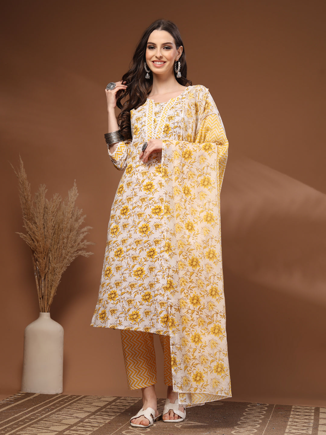 Mustard Self Design Cotton Fabric 3/4 Sleeves Round Neck Calf length Kurta Bottom Set With Dupatta