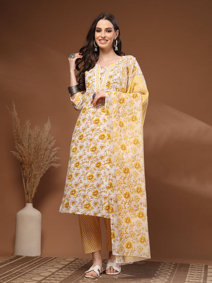 Mustard Self Design Cotton Fabric 3/4 Sleeves Round Neck Calf length Kurta Bottom Set With Dupatta