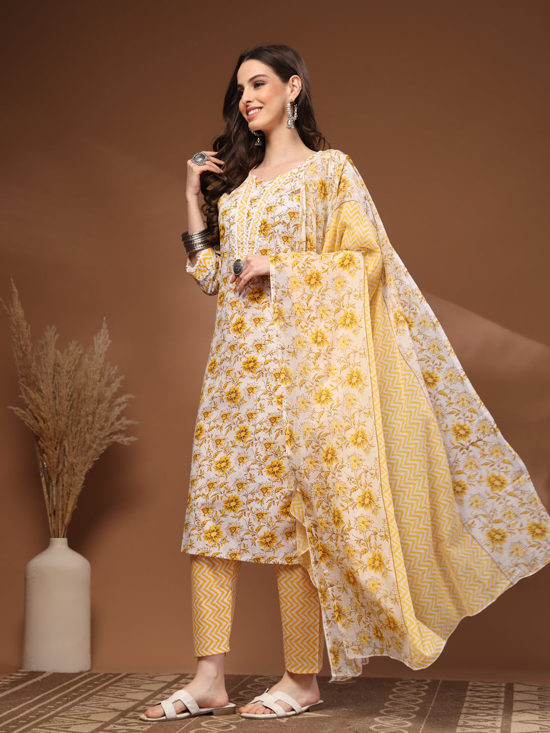 Mustard Self Design Cotton Fabric 3/4 Sleeves Round Neck Calf length Kurta Bottom Set With Dupatta