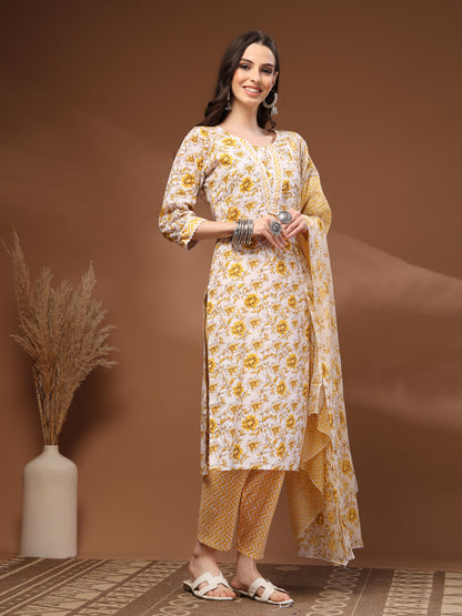 Mustard Self Design Cotton Fabric 3/4 Sleeves Round Neck Calf length Kurta Bottom Set With Dupatta