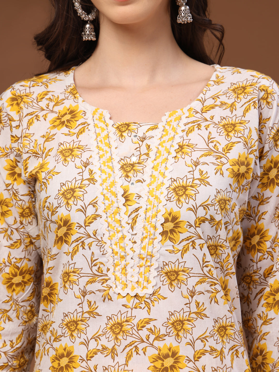 Mustard Self Design Cotton Fabric 3/4 Sleeves Round Neck Calf length Kurta Bottom Set With Dupatta