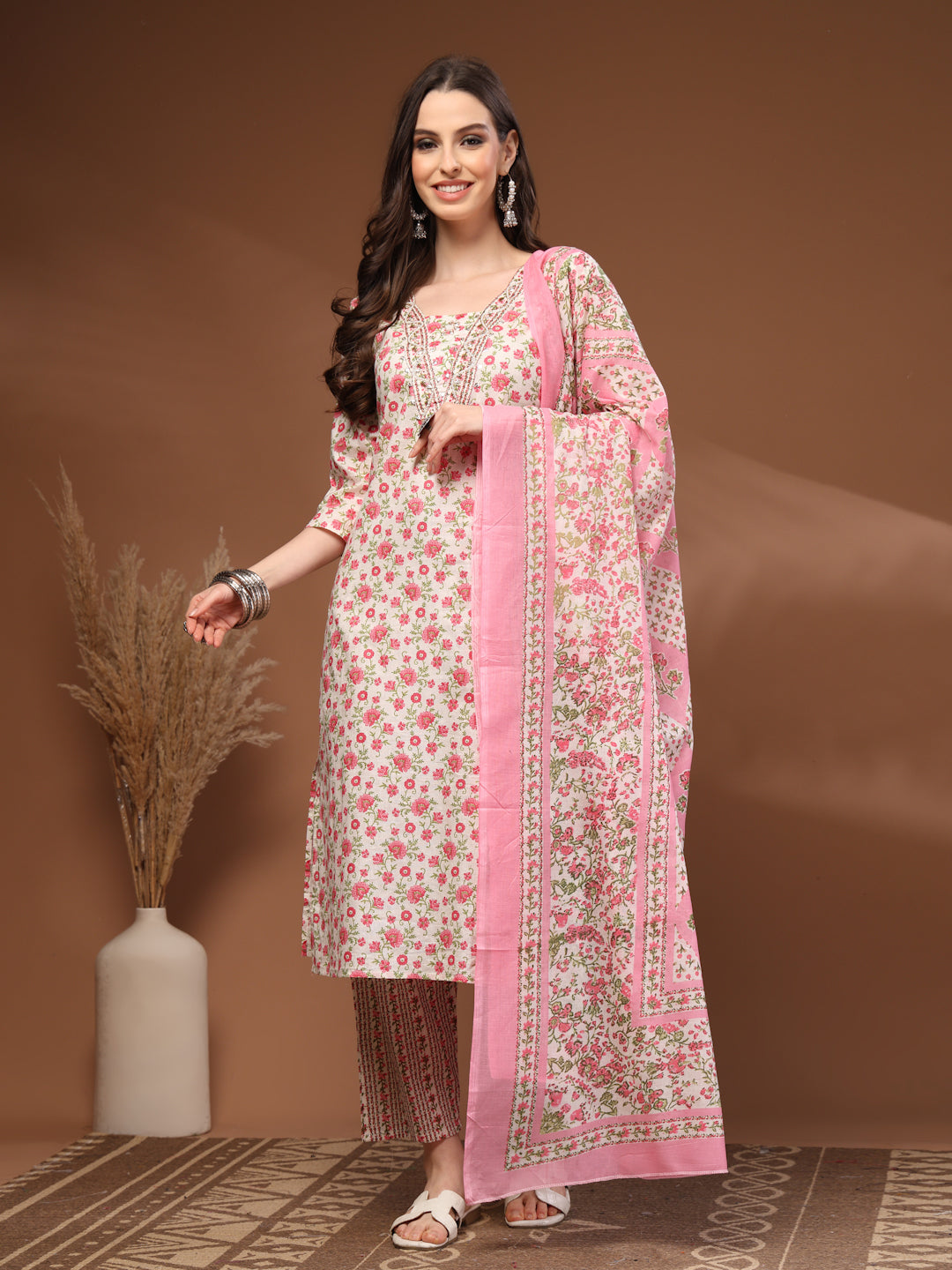 Pink Self Design Cotton Fabric 3/4 Sleeves Round Neck Calf length Kurta Bottom Set With Dupatta