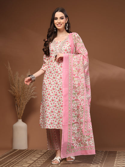 Pink Self Design Cotton Fabric 3/4 Sleeves Round Neck Calf length Kurta Bottom Set With Dupatta