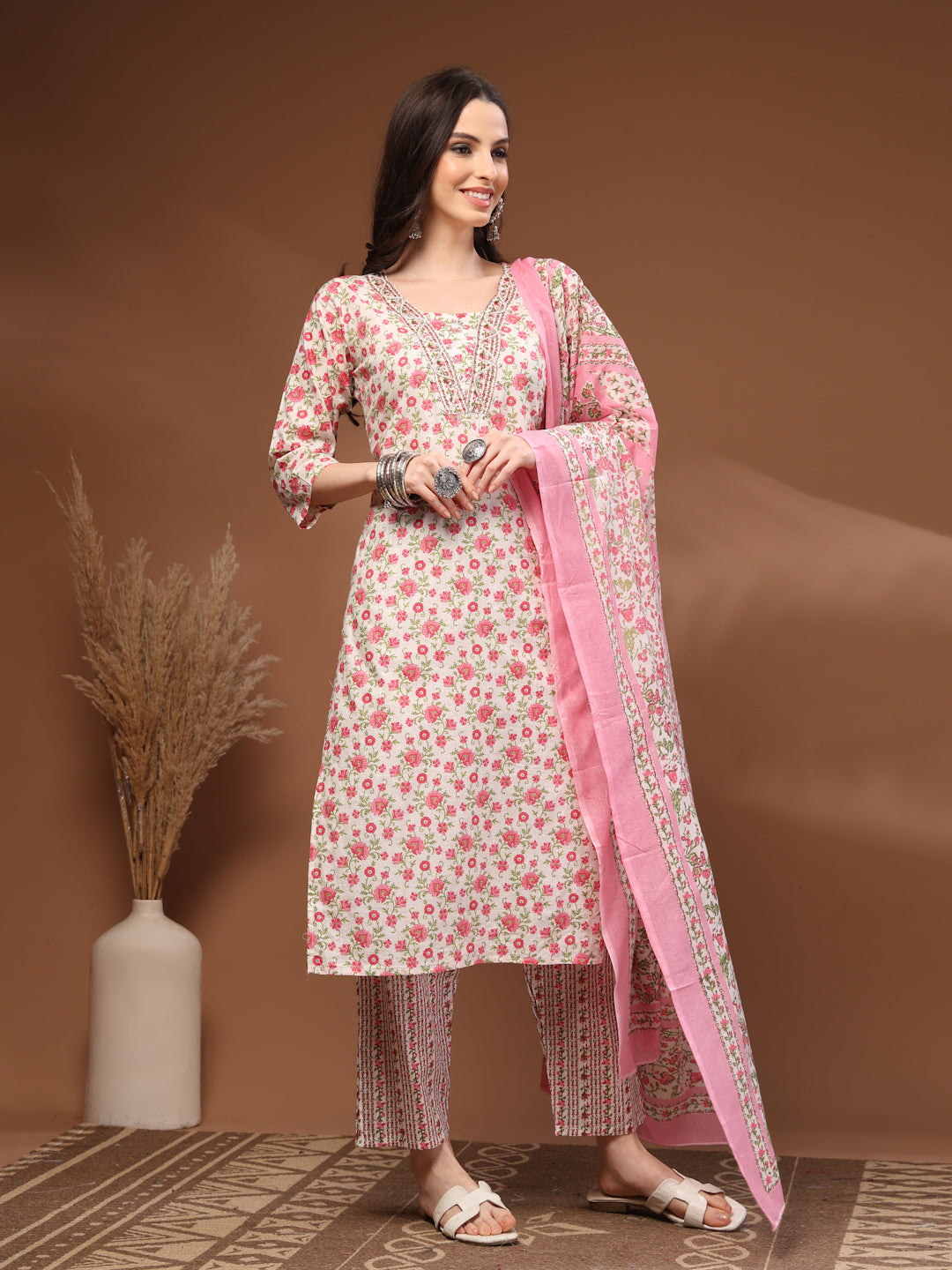 Pink Self Design Cotton Fabric 3/4 Sleeves Round Neck Calf length Kurta Bottom Set With Dupatta