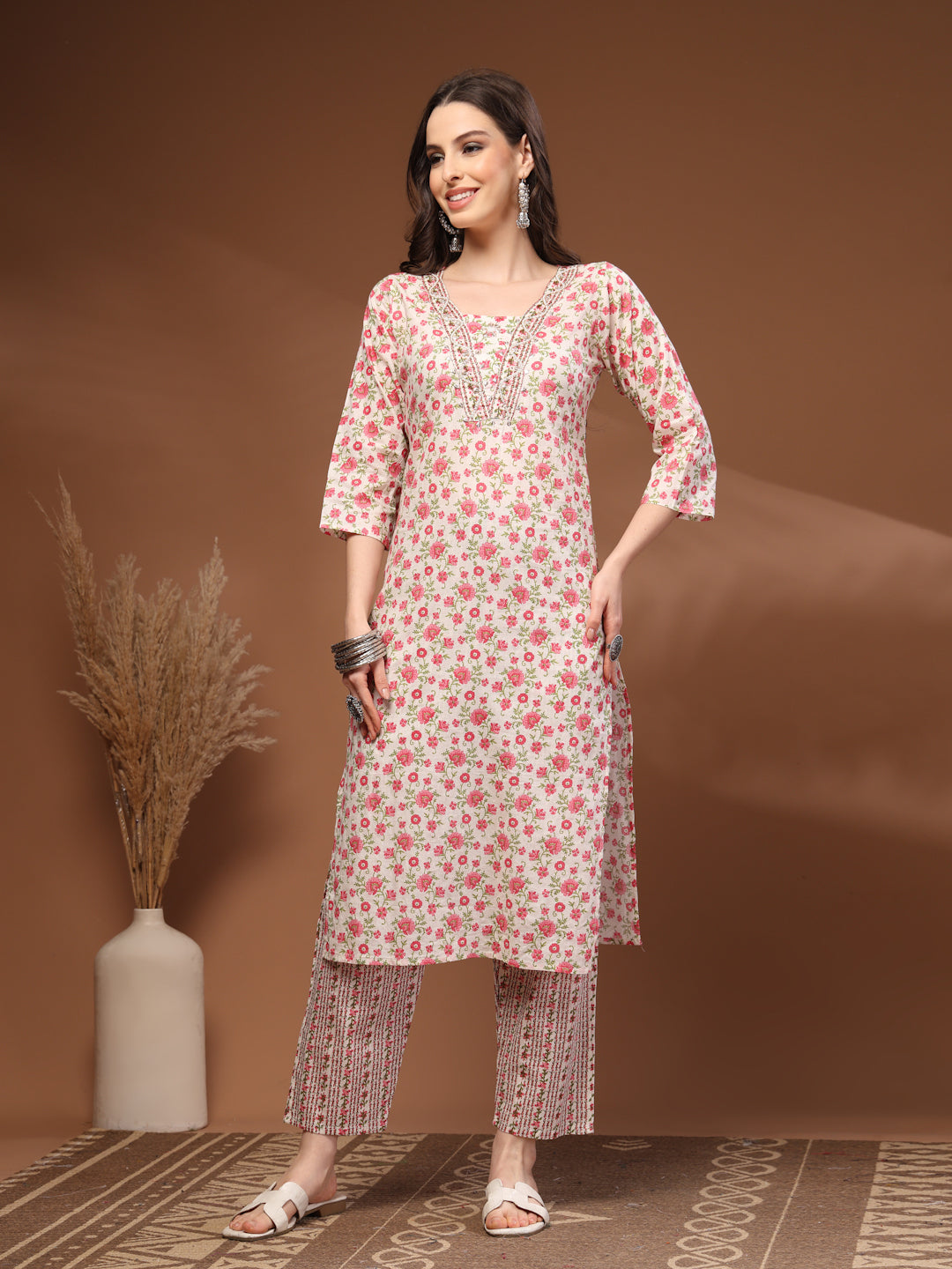 Pink Self Design Cotton Fabric 3/4 Sleeves Round Neck Calf length Kurta Bottom Set With Dupatta