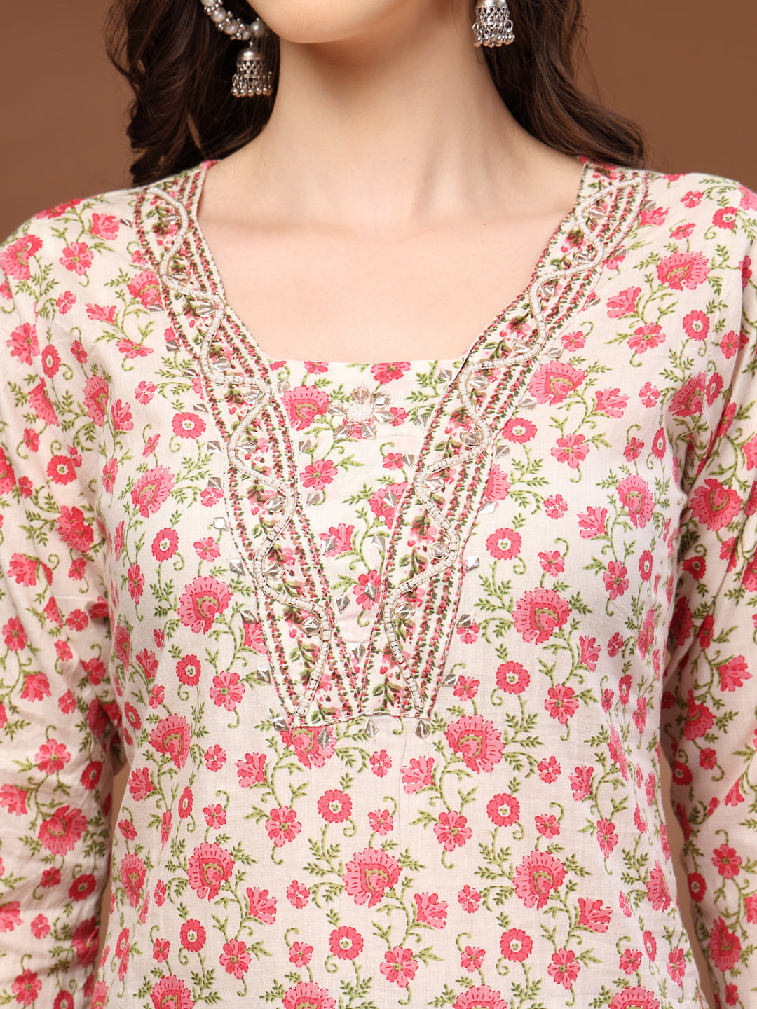 Pink Self Design Cotton Fabric 3/4 Sleeves Round Neck Calf length Kurta Bottom Set With Dupatta