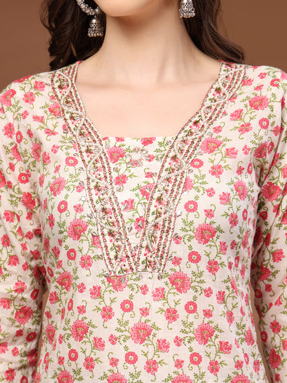 Pink Self Design Cotton Fabric 3/4 Sleeves Round Neck Calf length Kurta Bottom Set With Dupatta