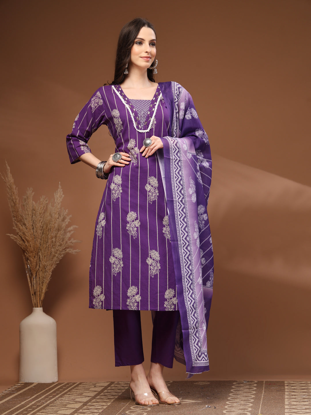 Purple Self Design Cotton Fabric 3/4 Sleeves V- Neck Calf length Kurta Bottom Set With Dupatta