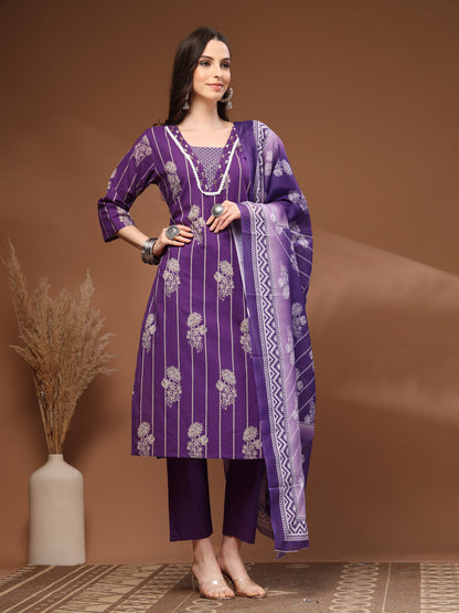 Purple Self Design Cotton Fabric 3/4 Sleeves V- Neck Calf length Kurta Bottom Set With Dupatta