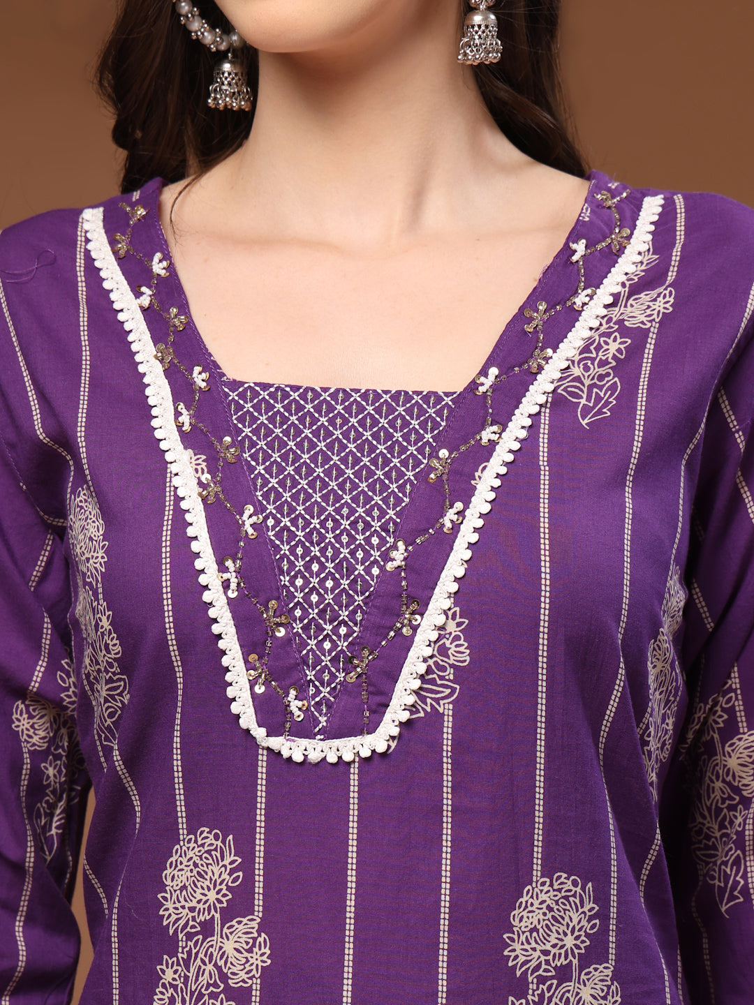 Purple Self Design Cotton Fabric 3/4 Sleeves V- Neck Calf length Kurta Bottom Set With Dupatta