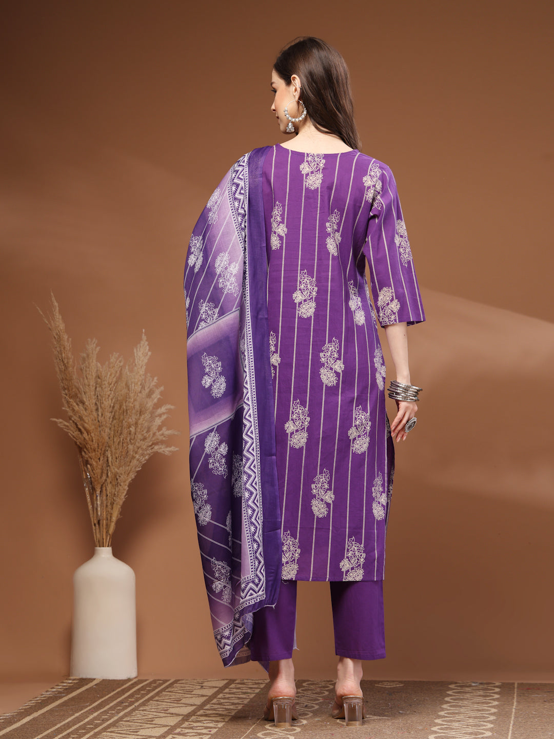 Purple Self Design Cotton Fabric 3/4 Sleeves V- Neck Calf length Kurta Bottom Set With Dupatta