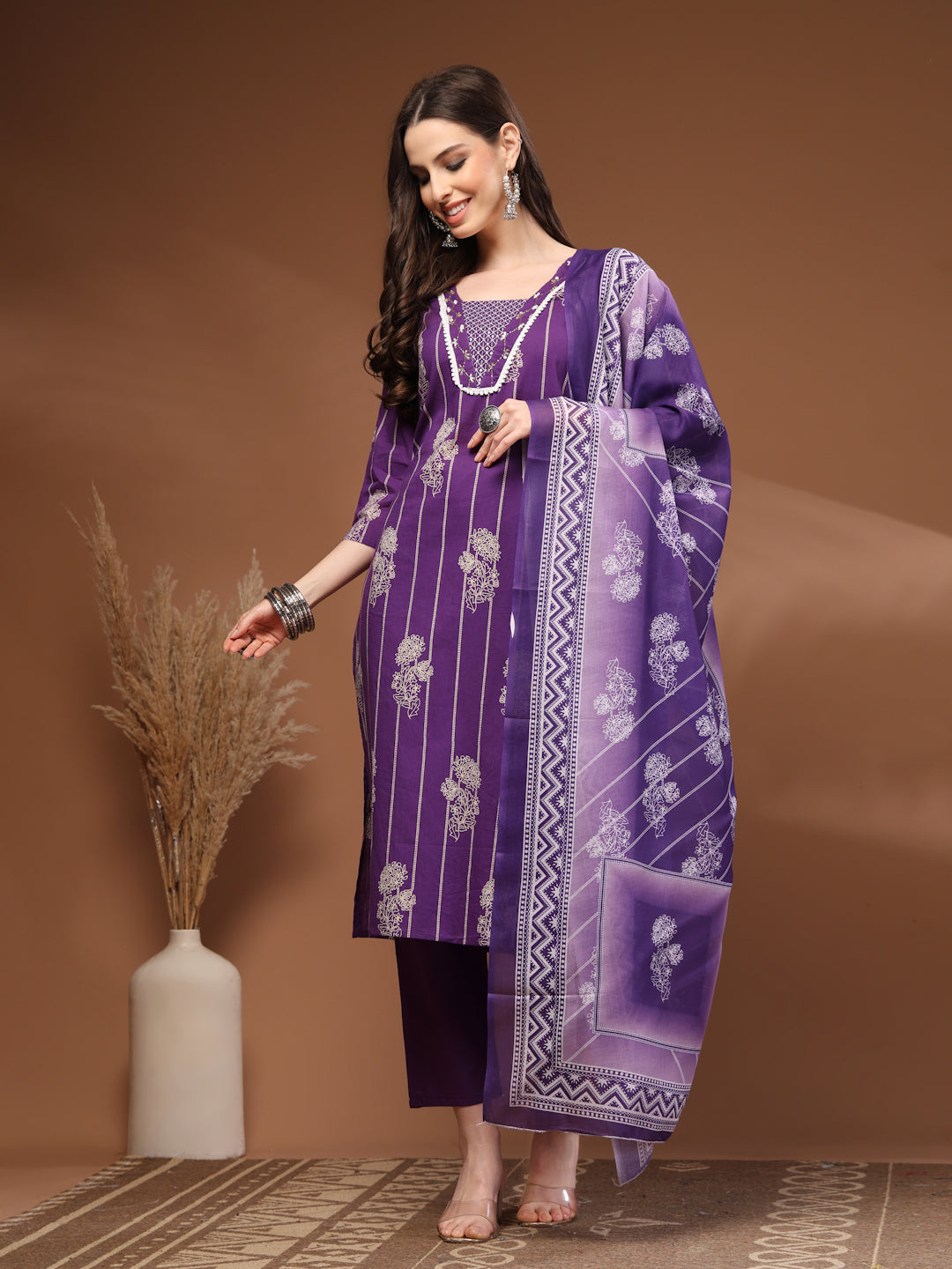 Purple Self Design Cotton Fabric 3/4 Sleeves V- Neck Calf length Kurta Bottom Set With Dupatta