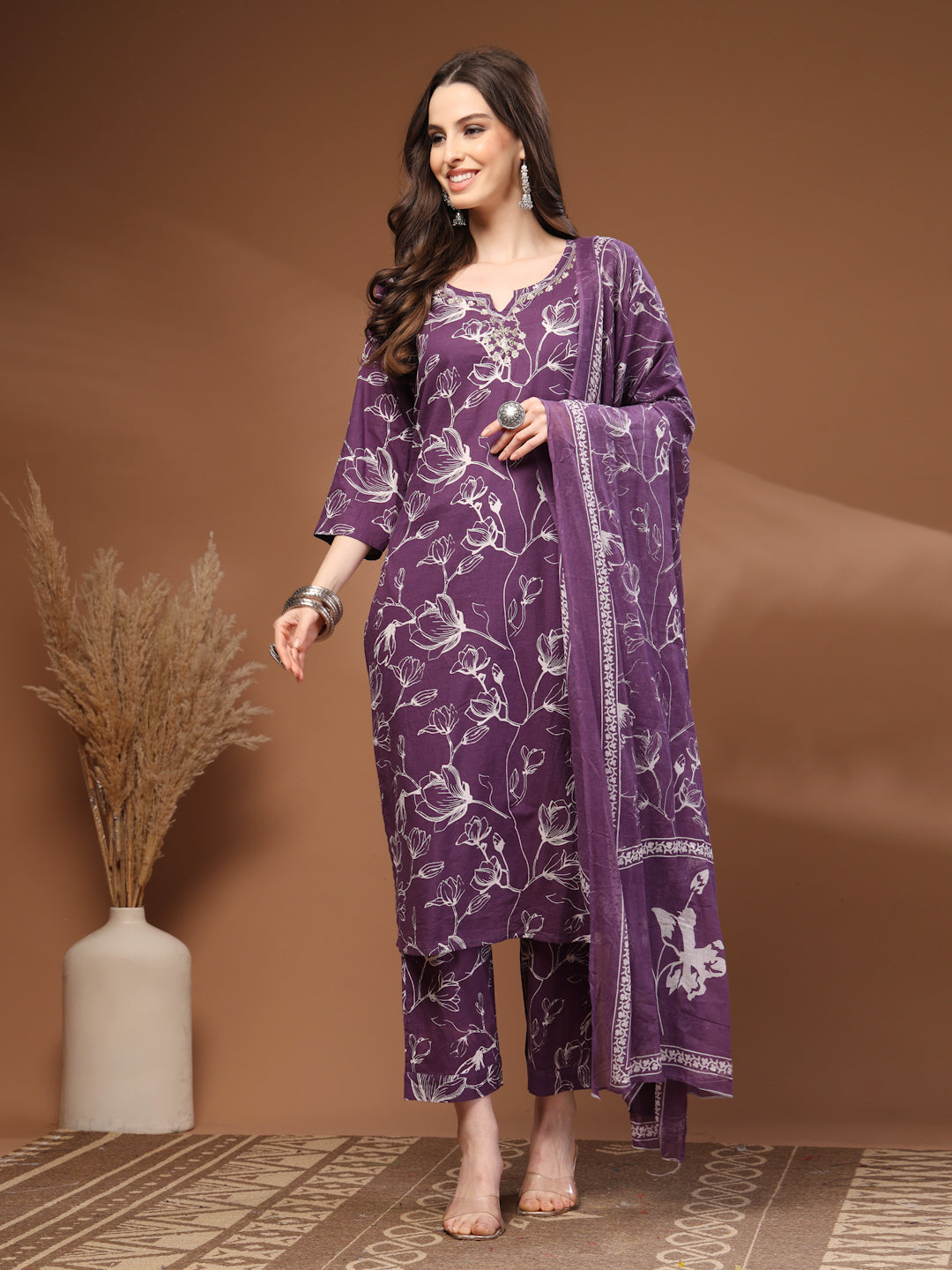 Purple Self Design Cotton Fabric 3/4 Sleeves Round Neck Calf length Kurta Bottom Set With Dupatta