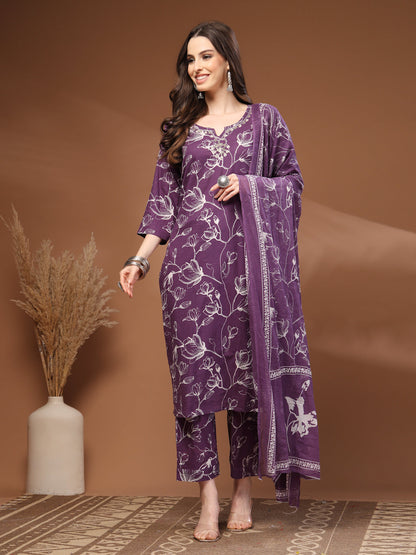 Purple Self Design Cotton Fabric 3/4 Sleeves Round Neck Calf length Kurta Bottom Set With Dupatta