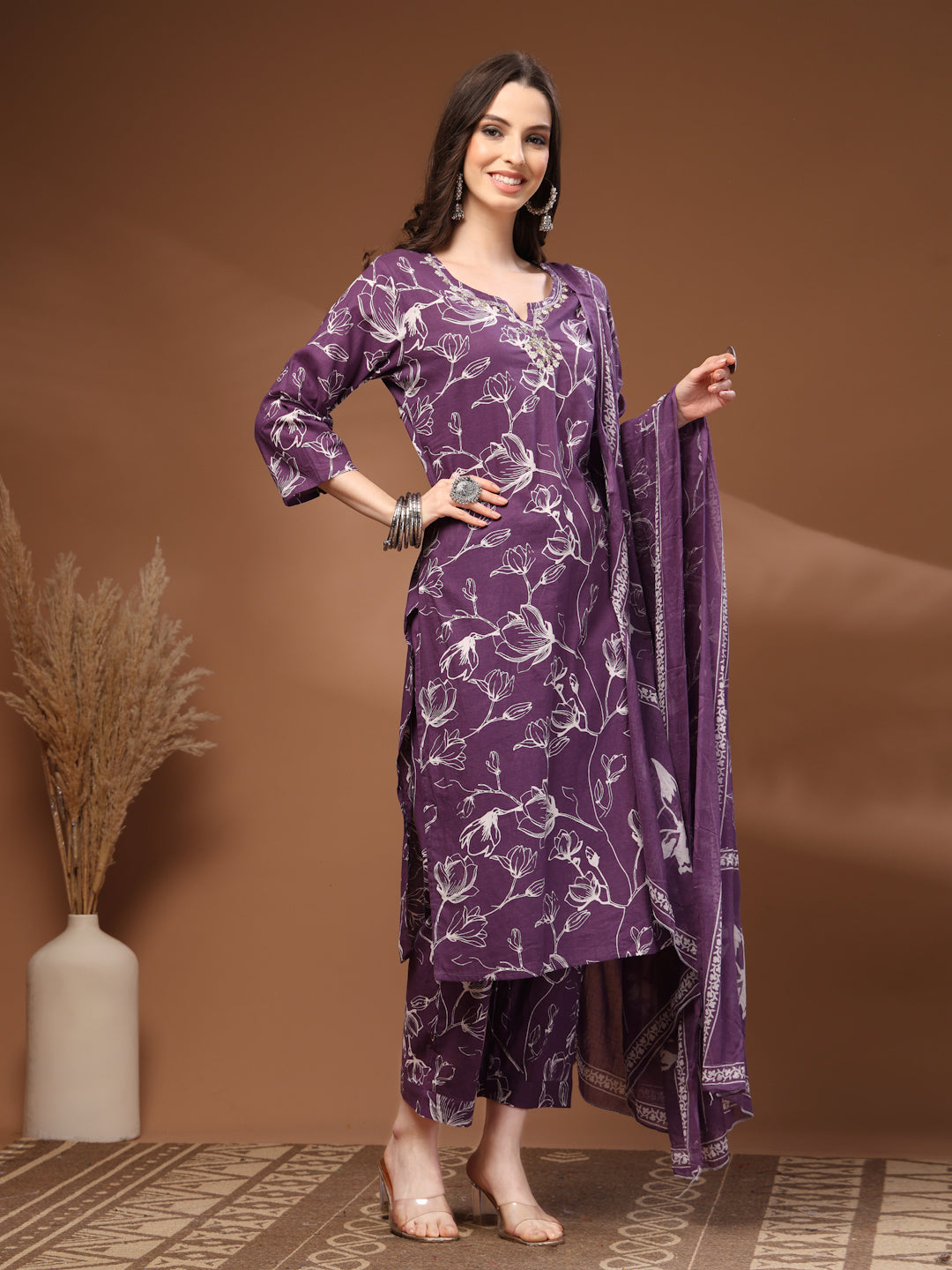 Purple Self Design Cotton Fabric 3/4 Sleeves Round Neck Calf length Kurta Bottom Set With Dupatta