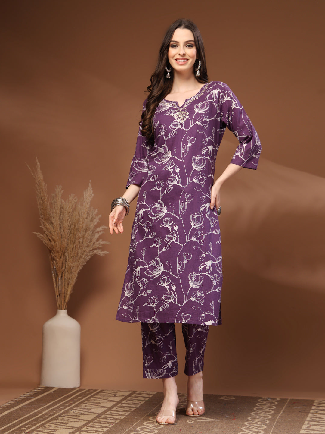 Purple Self Design Cotton Fabric 3/4 Sleeves Round Neck Calf length Kurta Bottom Set With Dupatta