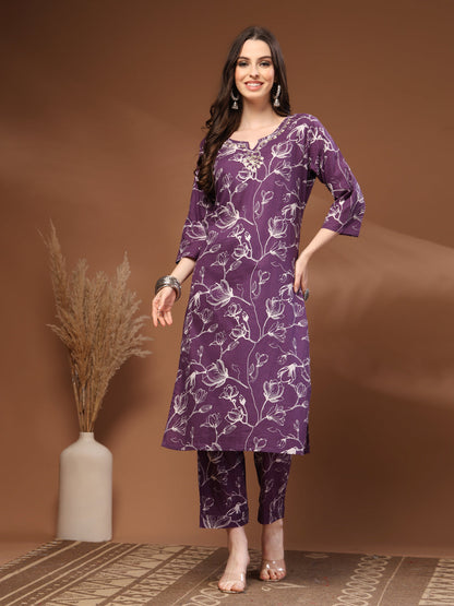 Purple Self Design Cotton Fabric 3/4 Sleeves Round Neck Calf length Kurta Bottom Set With Dupatta