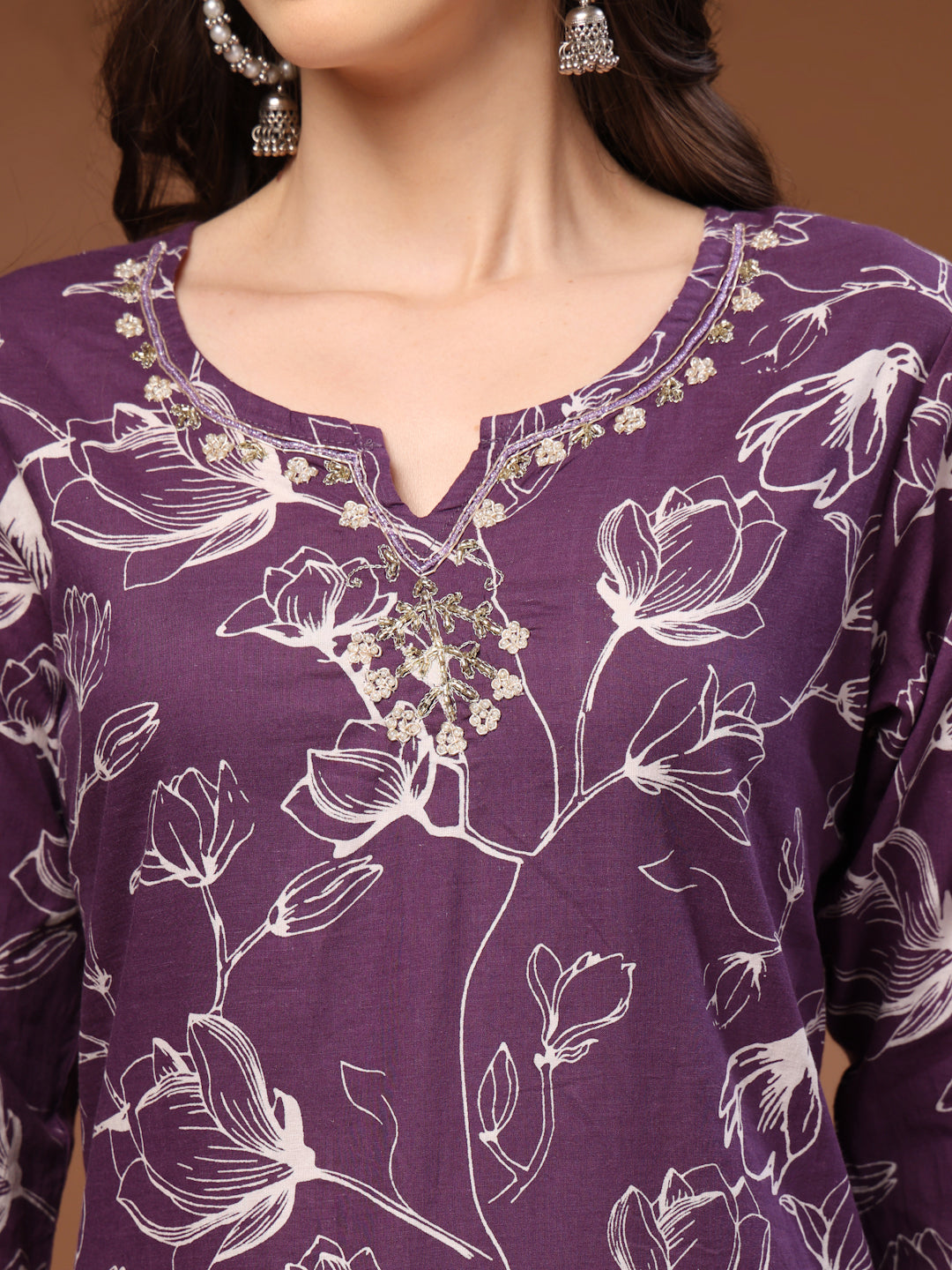 Purple Self Design Cotton Fabric 3/4 Sleeves Round Neck Calf length Kurta Bottom Set With Dupatta