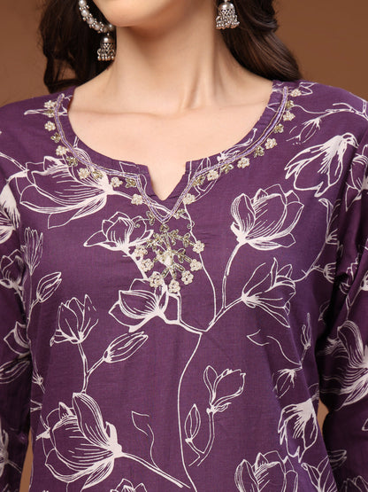 Purple Self Design Cotton Fabric 3/4 Sleeves Round Neck Calf length Kurta Bottom Set With Dupatta