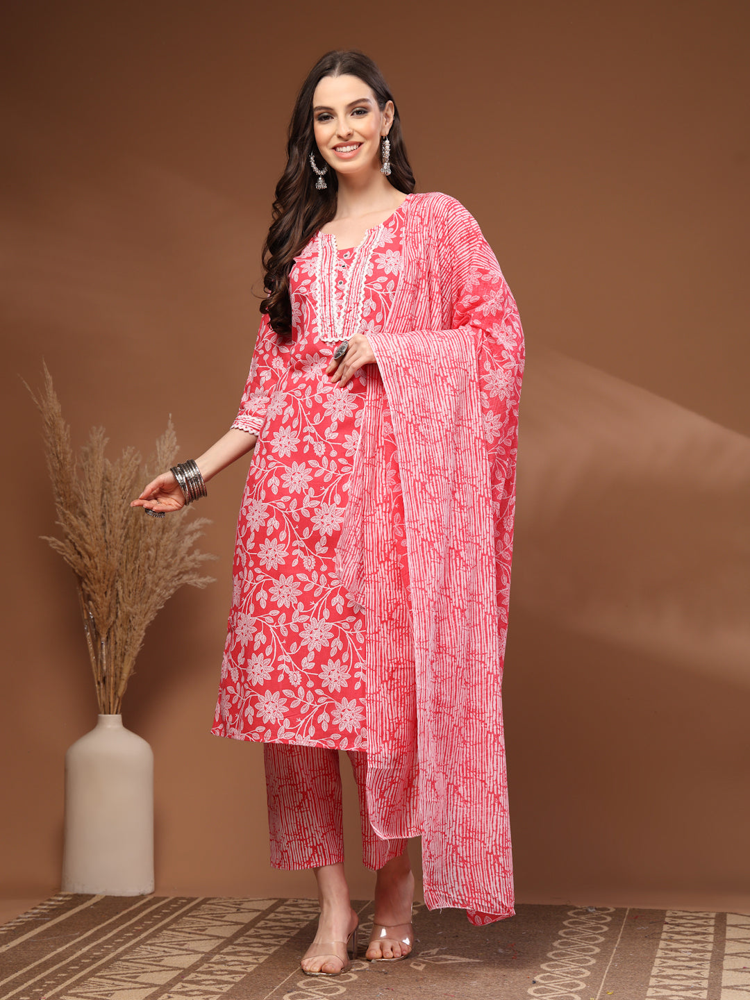 Red Self Design Cotton Fabric 3/4 Sleeves Round Neck Calf length Kurta Bottom Set With Dupatta