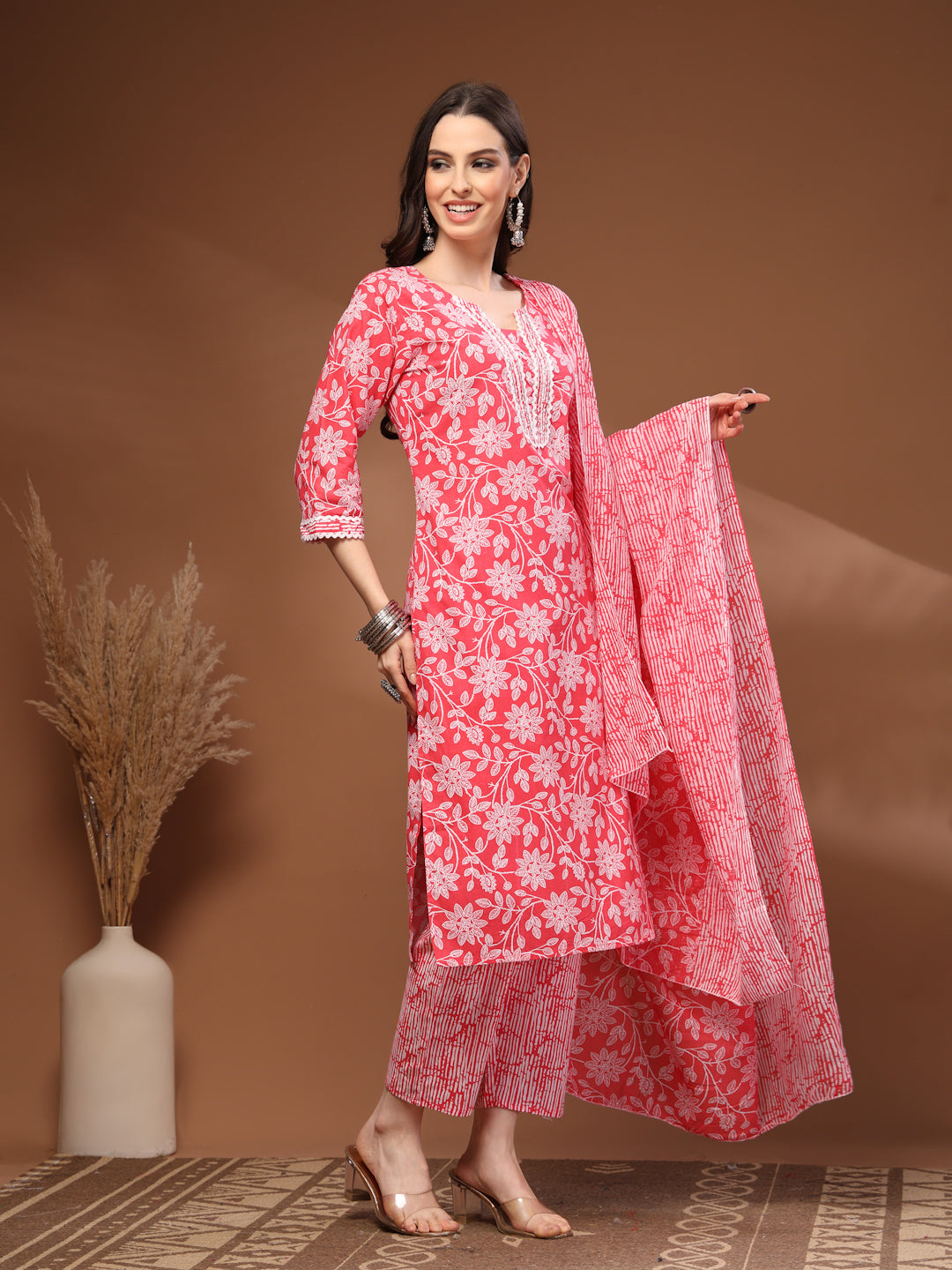 Red Self Design Cotton Fabric 3/4 Sleeves Round Neck Calf length Kurta Bottom Set With Dupatta