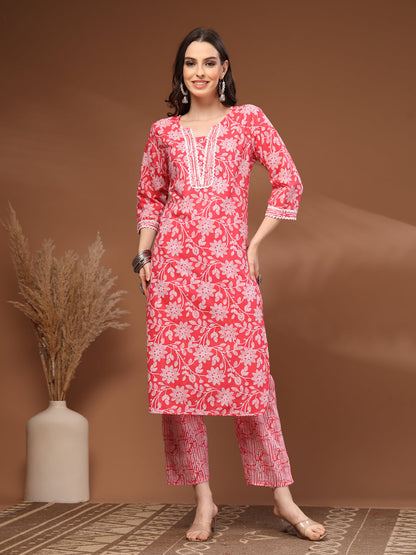 Red Self Design Cotton Fabric 3/4 Sleeves Round Neck Calf length Kurta Bottom Set With Dupatta