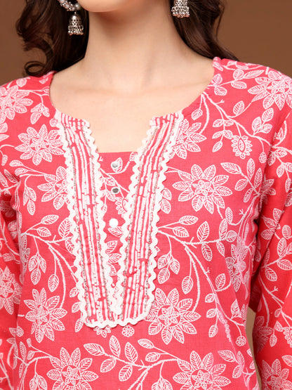 Red Self Design Cotton Fabric 3/4 Sleeves Round Neck Calf length Kurta Bottom Set With Dupatta