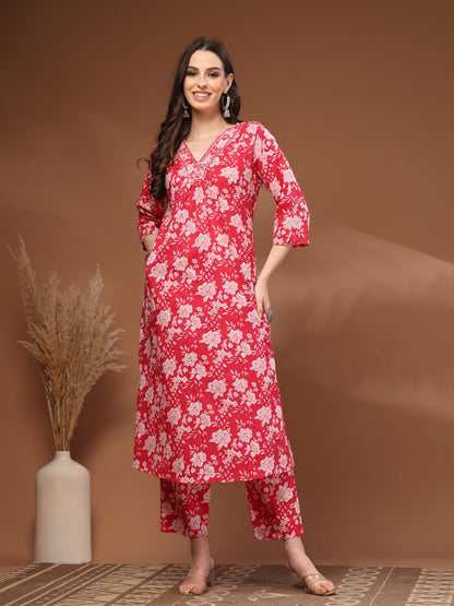 Red Self Design Cotton Fabric 3/4 Sleeves V- Neck Calf length Kurta Bottom Set