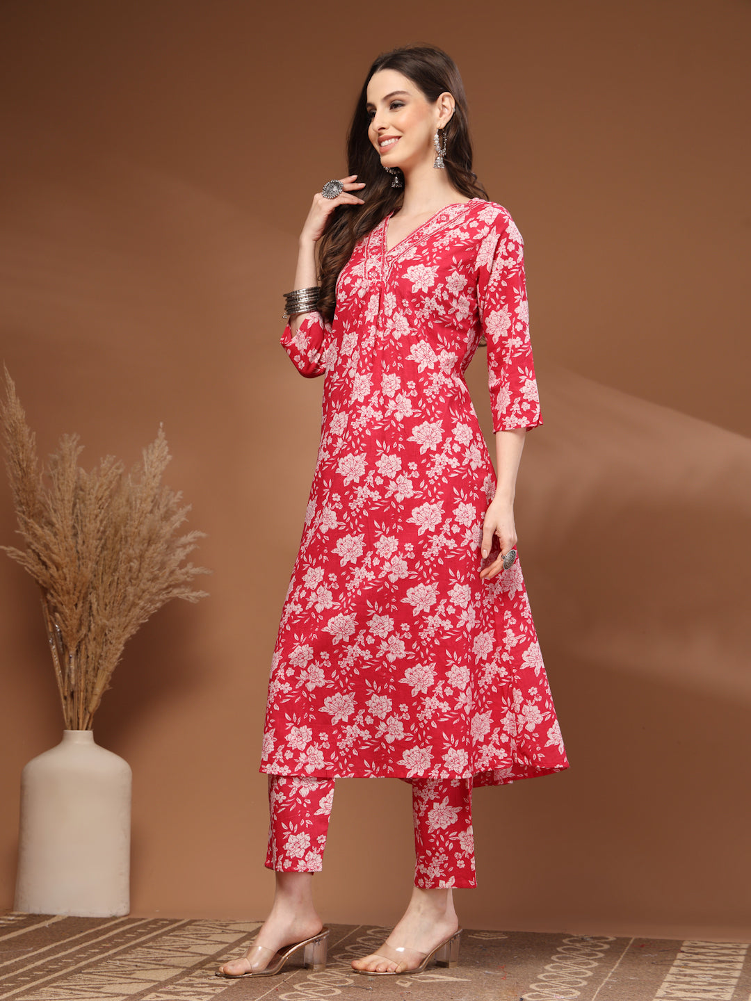 Red Self Design Cotton Fabric 3/4 Sleeves V- Neck Calf length Kurta Bottom Set