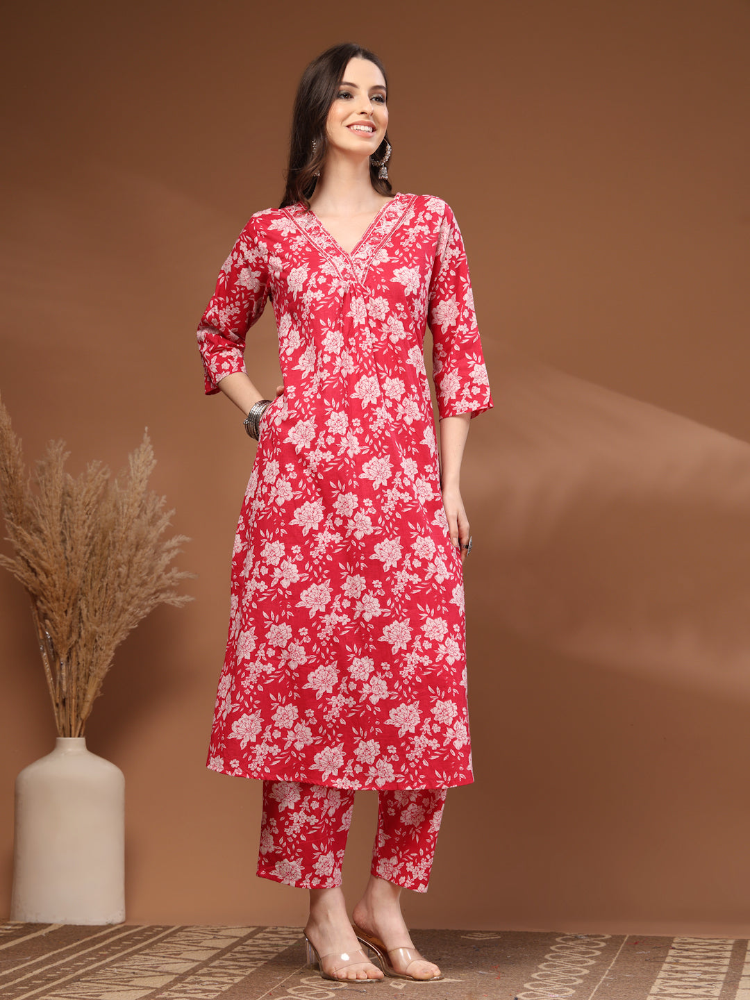 Red Self Design Cotton Fabric 3/4 Sleeves V- Neck Calf length Kurta Bottom Set