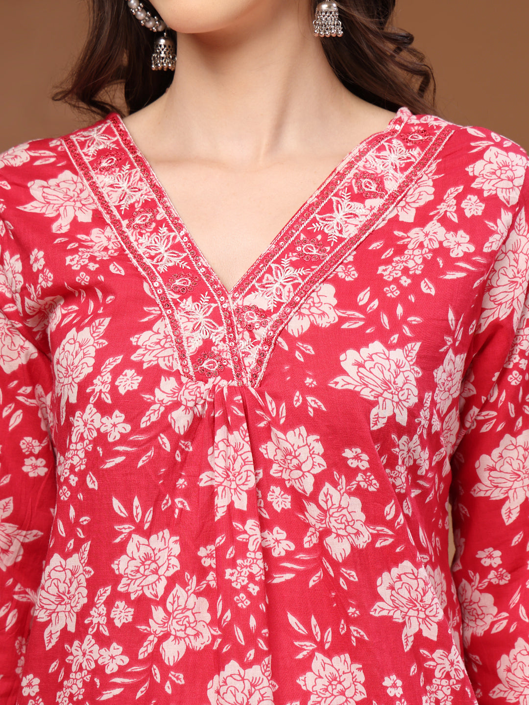 Red Self Design Cotton Fabric 3/4 Sleeves V- Neck Calf length Kurta Bottom Set