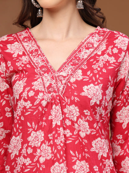 Red Self Design Cotton Fabric 3/4 Sleeves V- Neck Calf length Kurta Bottom Set