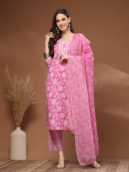 Pink Self Design Cotton Fabric 3/4 Sleeves Round Neck Calf length Kurta Bottom Set With Dupatta