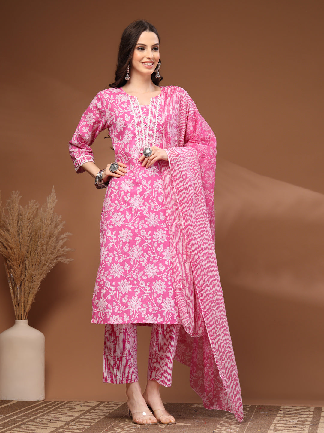 Pink Self Design Cotton Fabric 3/4 Sleeves Round Neck Calf length Kurta Bottom Set With Dupatta