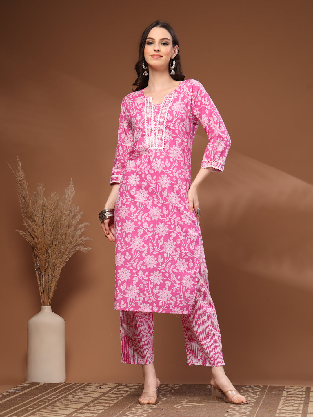 Pink Self Design Cotton Fabric 3/4 Sleeves Round Neck Calf length Kurta Bottom Set With Dupatta