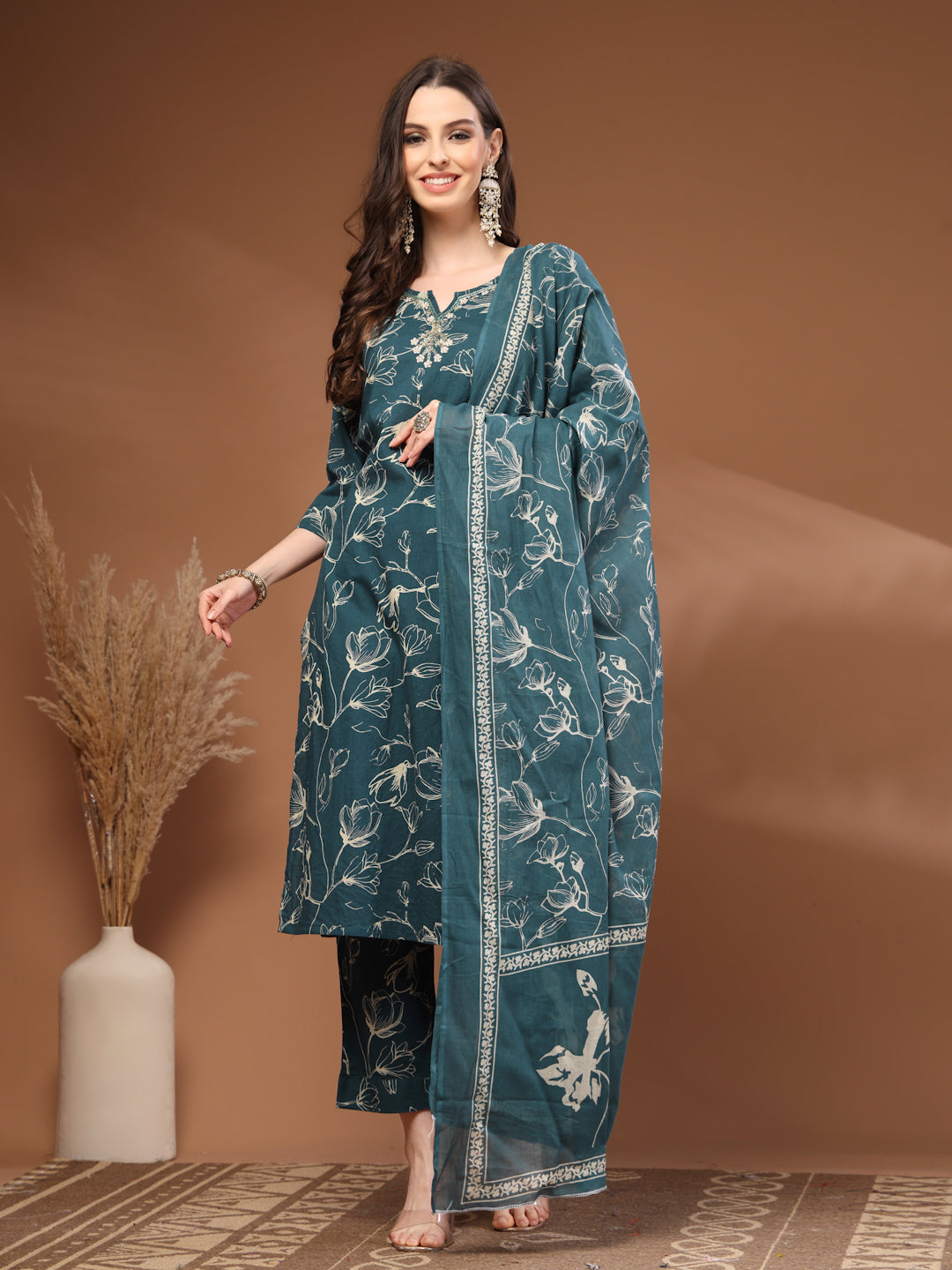 Green Self Design Cotton Fabric 3/4 Sleeves Round Neck Calf length Kurta Bottom Set With Dupatta