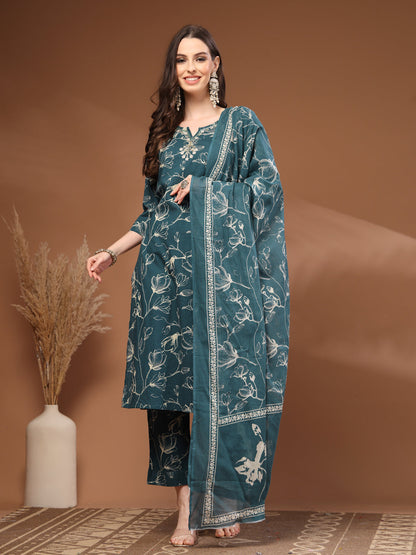 Green Self Design Cotton Fabric 3/4 Sleeves Round Neck Calf length Kurta Bottom Set With Dupatta